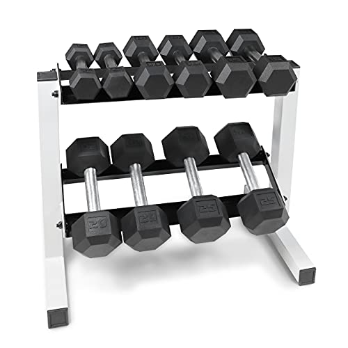 WF Athletic Supply 5-25Lb Rubber Coated Hex Dumbbell Set with Two Tier Storage Rack Non-Slip Hex Shape for Muscle Toning, Strength Building & Weight Loss, White Rack, Straight Handle