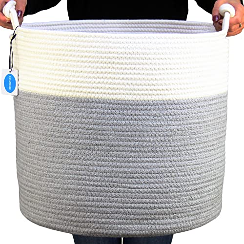 Casaphoria Woven Cotton Rope Basket with Handle for Nursery,Round Storage Basket for Bathroom,Large Blanket Basket for Living Room,Tall Laundry Hamper Woven for Laundry,Light Gray