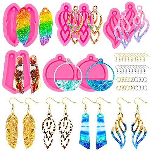 Mity rain 95pcs Resin Jewelry Molds Kit, 5 Pairs Earring Silicone Molds Epoxy Casting Molds with Hole, Sets of Earring Hooks, Jump Ring, Eye Pins for Resin Jewelry, Pendant, Key Chains