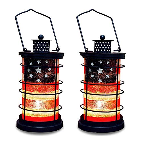 Waroom Home Patriotic Decorative Lantern Metal and Glass Candle Holder for July 4th Home Decor – Rustic Garden Decoration Indoor Outdoor Tea Light Holder Hanging Lanterns for Party (2)
