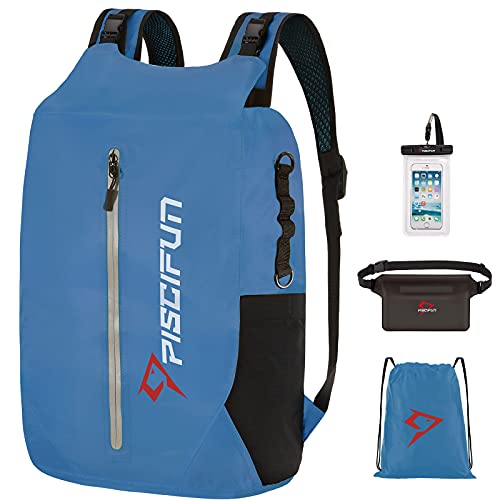 Piscifun LT Dry Bag Waterproof, Floating Dry Backpack, Lightweight Waterproof Dry Bag With Waist Pouch And Phone Case For Kayaking, Camping, Beach, Boating & Swimming For Men & Women Light Blue 20L