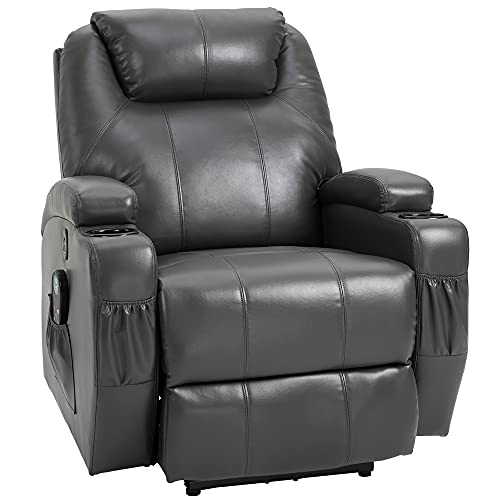 HOMCOM Multi-Pressure-Level Massage Chair with USB Charger, Back and Lumbar Support, Thick Armrests, Faux Leather Recliner Chair, 8-Point Massage Recliner, Charcoal Gray