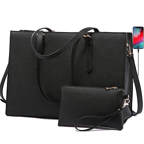 LOVEVOOK Laptop Bag for Women, Fashion Computer Tote Bag Large Capacity Handbag, Leather Shoulder Bag Purse Set, Professional Business Work Briefcase for Office Lady 2PCs, Fit 15.6 Inch Laptop, Black