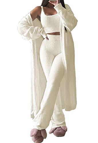 VamJump Womens Fuzzy Fleece Outfits Tank Tops Tummy Control High Waist Pants Kimono Cardigan 3 Piece Set,White,S