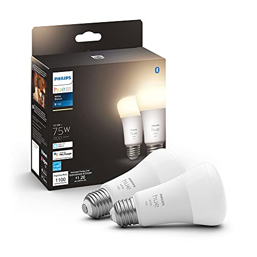 Philips Hue 2-Pack White A19 Medium Lumen Smart Bulb, 1100 Lumens, Bluetooth & Zigbee Compatible (Hue Hub Optional), Compatible with Alexa & Google Assistant, White, 2 Bulbs (563049)