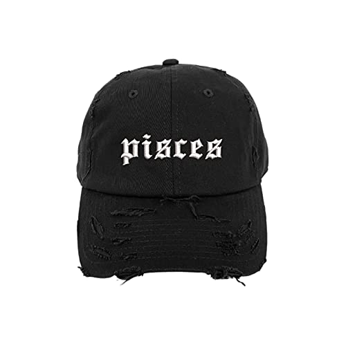 DSY Lifestyle Pisces Lowercase Vintage Distressed Baseball Cap – Unisex Embroidered Distressed Baseball Hat (Black)