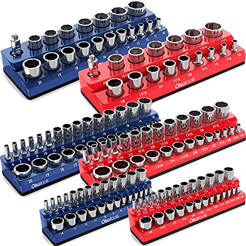 Olsa Tools Magnetic Socket Organizer | 6 Piece Socket Holder Set | 1/2-inch, 3/8-inch, & 1/4-inch Drive | Metric Blue, SAE Red | Holds 143 Sockets | Professional Quality Tool Organizers