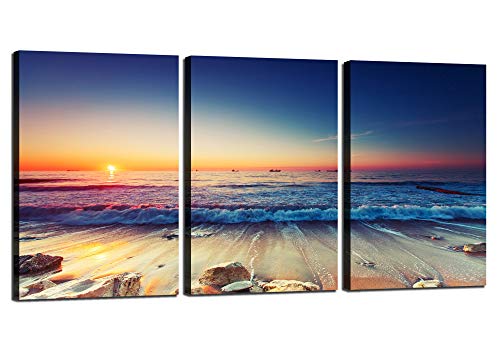 KAWAHONE Sunset Beach Canvas Wall Art, Ocean Waves Modern Artwork Landscape Wall Decor Poster Framed Painting Prints Picture for Home Living Room Bedroom,12″ x 16″ x 3 PCS