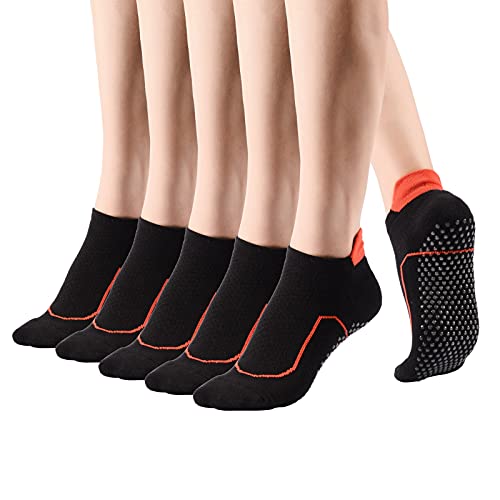 Teebulen Women’s 5 Pairs Black Padded Anti Slip Grips Compression Low Cut Yoga Barre Pilate Socks,Size 4-9