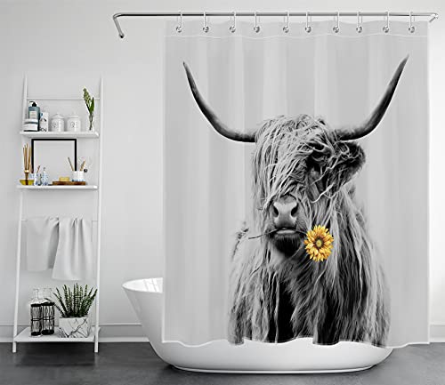 HVEST Highland Cow Shower Curtain Funny Western Wildlife Grey Longhorn Cattle with Sunflower Bull Shower Curtain, Waterproof Polyester Fabric Bathroom Curtain with 10 Hooks, 60×72 Inch