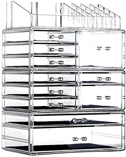 Cq acrylic Clear Makeup Storage Organizer Drawers Skin Care X Large Cosmetic Display Cases Stackable Storage Box With 11 Drawers For Dresser,Set of 4