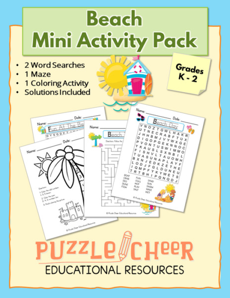 Beach Mini Activity Pack | Word Searches, Maze and Even/Odd Numbers Math Worksheet Bundle for K – 2