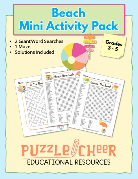 Beach Mini Activity Pack | 2 Giant Word Searches and Maze Bundle for Grades 3 – 5