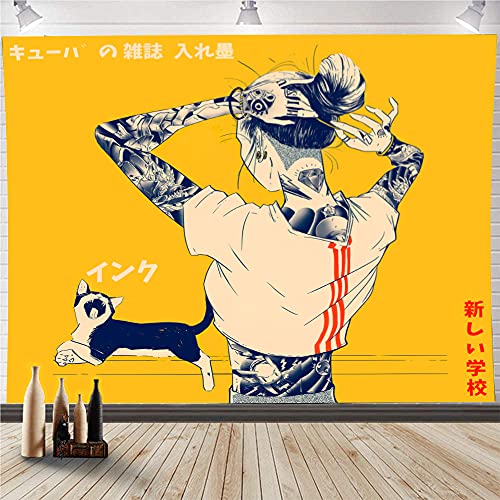 Tapestries Room Decor for Teen Girls,Cuban-American Tattoo Cool Girl Yellow Rapper Tapestry,Illustration Art Wall Hanging Throw Tablecloth Wall Decorations for Bedroom Living Room Dorm (59.1″×78.7″(150cm×200cm))