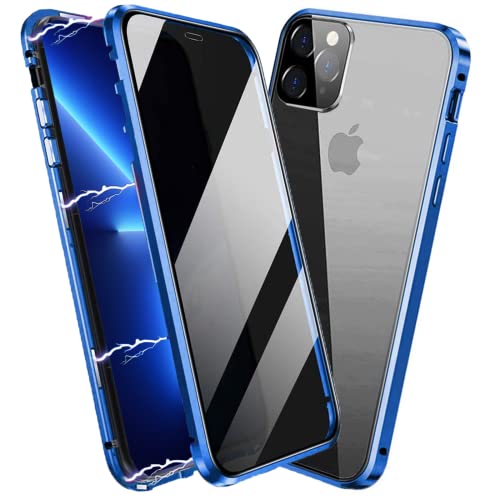 ACCREW Privacy Magnetic Case for iPhone 12/12 Pro, Anti Peep Magnetic Adsorption Privacy Screen Protector Double Sided Tempered Glass Metal Bumper Frame Anti Peeping Anti-Spy Phone Case Blue