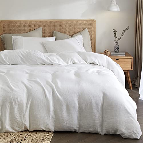 HYPREST 100% Pure French Linen Duvet Cover Set – Ultra Soft Cooling White Washed Flax Linen Duvet Cover Queen Size Farmhouse Style, Moisture-Absorbing & Durable