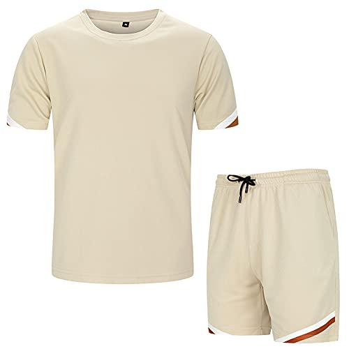 DUOFIER Men’s Casual Tracksuit Short Sleeve Running Jogging Athletic Sweat Suits Set, Khaki-2XL