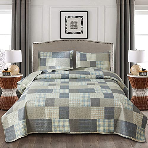 Grey Blue Yellow Bedding Plaid Quilt Full/Queen Size Summer Patchwork Quilts Lightweight Soft Breathable Check Bedspread Gingham Bedding Checker Pattern Coverlet Bed Cover Set Geometric Home Decor