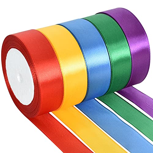 TONIFUL 1 Inch x 125 Yards 5 Colors Satin Ribbon Rolls, Mixed Bright Dark Gorgeous Color Set Fabric Ribbon for Gift Wrapping Embellish Wedding Birthday Party Decoration Bow Making Floral Craft Sewing
