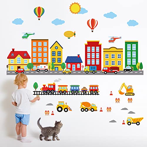 DECOWALL DS-8051 City Vehicles Wall Stickers Car Construction Truck Decals Removable for Kid Boys Nursery Bedroom Playroom Living Room Art Decor