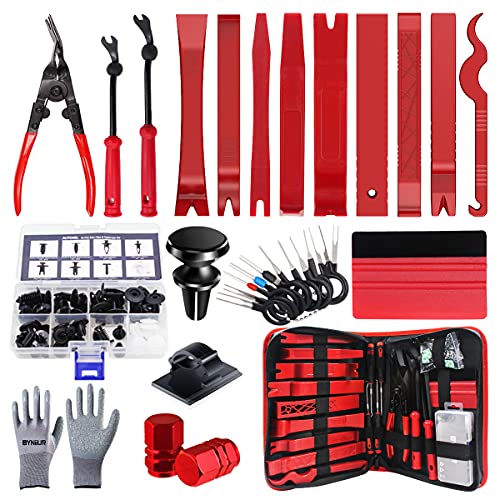 BYNIIUR Trim Removal Tool, Car Trim Panel Removal Tool, Dashboard Panel Tool Door Audio Removal Tool Kit, Auto Clip Fastener Remover Pry Tool Set, Glove & Magnetic Holder Included, Red
