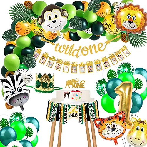 FVABO Wild One Birthday Decorations – Jungle Theme Party Supplies Include Leaf, Baby Photo Banner, Highchair Banner, Topper, Balloons Garland Arch, Crown, for 1st Animal Safari Birthday Party Decor