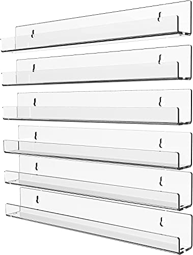 Cq acrylic 6 Pack Acrylic Clear Floating Bookshelf for Kids Room,15″ Invisible Wall Mounted Hanging Book Shelves,U Modern Picture Ledge Display Toy Storage Vinyl Record Wall Shelf,Clear