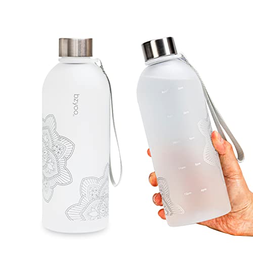 bzyoo 32 OZ 1 Liter Time Marker Water Bottle BPA Free Frosted Durable Plastic With Strap – Reusable Water Bottle With Times To Drink Measurement Markings For Daily Hydration Intake (Color: Silver)