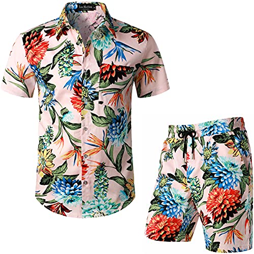 LucMatton Men’s 2 Piece Floral Hawaiian Outfits Summer Casual Flower Print Short Sleeve Button Down Shirt and Shorts Set Pink Green XX-Large