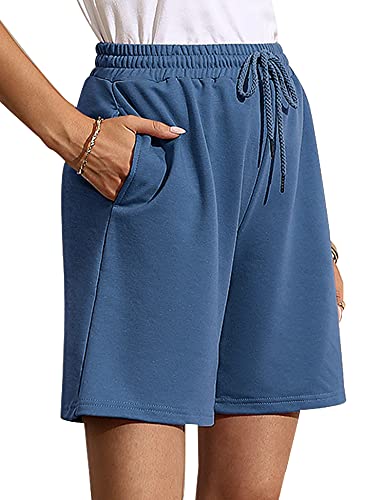 Quenteen Plus Size Women Shorts Casual Summer Knee Length Bottoms Plain Cotton Bermuda Shorts with Pockets Blue XX-Large