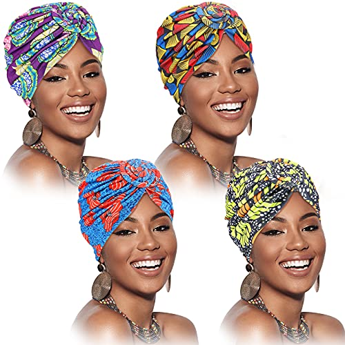 SATINIOR 4 Pieces African Pattern Headwrap Pre-Tied Bonnet Turban Knot Beanie Cap Headwrap Hat (Pumpkin Flower Style) One Size