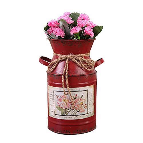 LKEREJOL Rustic Milk Jug Vase, Metal Pitcher Vase with Handle, Vintage Shabby Iron Plants Flower Vase Bucket, Wedding Flower Vase Gift for Home Garden Decoration (Red)