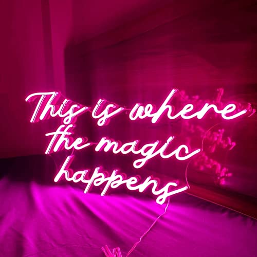 Fukemara Large Neon Sign This is Where The Magic Happens Led Neon Sign,Neon Light for Bachelorette Party Birthday Wedding Engagement Party Bar Pub Club Wall Hanging Decoration,Pink,Pink-60x34cm