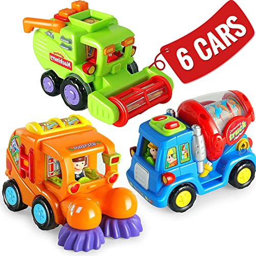 BABYFUNY Set of 6 Push & Go Friction Powered Car Toys for Boys – Street Sweeper Truck* 2 Cement Mixer Truck* 2 Harvester Toy Truck* 2 for 1 2 3 Year Old Kids Gifts (No Battery Required)