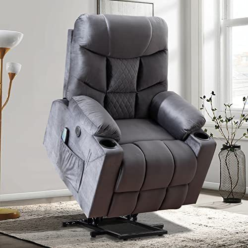 BINGTOO Power Lift Chairs Recliners for Elderly, Velvet Lift Recliner with Heat and Massage Living Room Chair with USB Port, Remote Control, 3 Positions, 2 Pockets