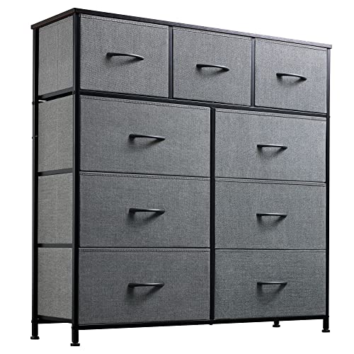 WLIVE 9-Drawer Dresser, Fabric Storage Tower for Bedroom, Nursery, Entryway, Closets, Tall Chest Organizer Unit with Textured Print Fabric Bins, Steel Frame, Wood Top, Dark Grey