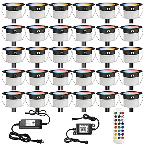 FVTLED LED Deck Lights Kit, 30pcs Φ1.22 WiFi Smart Phone Control Low Voltage Recessed RGBW Deck Lighting Waterproof Outdoor Yard Path Stair Decor, Black