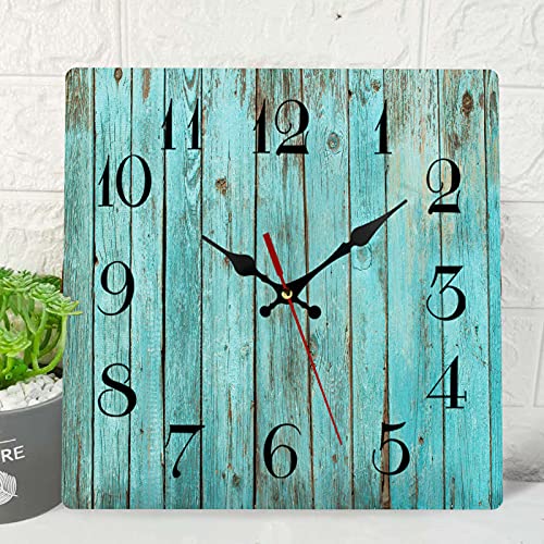 ArtSocket Wooden Wall Clock Silent Non-Ticking, Shabby Wood Beach Blue Teal Board Wooden Fence Square Rustic Coastal Wall Clocks Décor for Home Kitchen Living Room Office, Battery Operated(12 Inch)