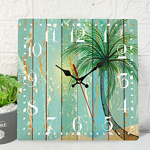 ArtSocket Wooden Wall Clock Silent Non-Ticking, Coconut Tree Wooden Beach Fence Vintage Square Rustic Coastal Wall Clocks Décor for Home Kitchen Living Room Office, Battery Operated(12 Inch)