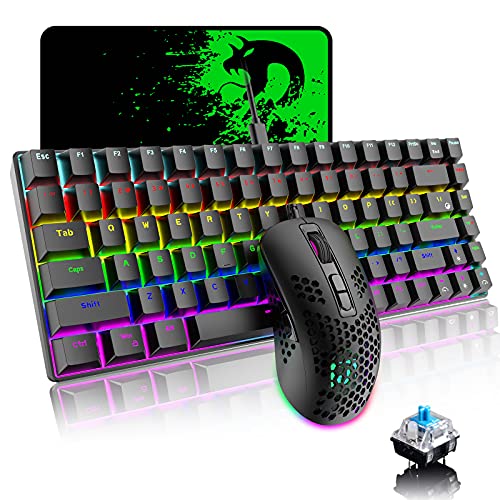 Mechanical Gaming Keyboard and Mouse Combo with 20 Rainbow Backlight 84 Key Anti-ghosting Ergonomic Waterproof Type-C Wired 2400 DPI Honeycomb Mice for PC Mac Gamer Computer Typist(Black/Blue Switch)