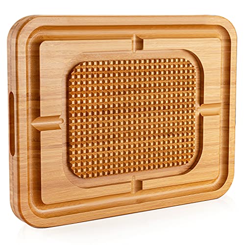 eletecpro Turkey Cutting Board with Grid Grip, Large 17x13x1.5 Inch Bamboo Steak Carving Board, Thick Butcher Block – Reversible with Deep Juice Drip Grooves – Thick Serving Tray