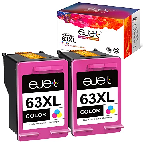 ejet 63XL Tri-Color Ink Cartridges Replacement for HP 63 Color Ink Cartridge High-Yield Remanufactured for OfficeJet 3830 Envy 4520 4512 Officejet 4650 5255 Deskjet 1112 3634 3632 Printer (2 Pack)