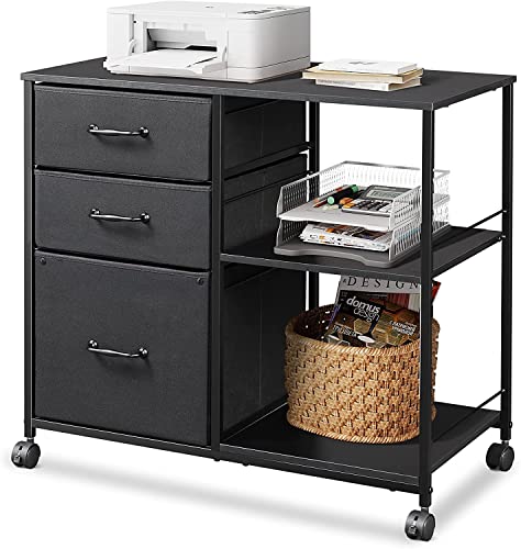 DEVAISE 3 Drawer Mobile File Cabinet, Rolling Printer Stand with Open Storage Shelf, Fabric Lateral Filing Cabinet fits A4 or Letter Size for Home Office, Black