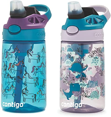 Contigo Kids Water Bottle with Autospout Straw – Spill Proof, Easy-Clean Lid Design, 14 oz, Unicorns & Dinos, 2 – pack