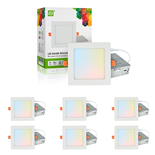 ASD Ultra Thin Square LED Recessed Lighting 6 Inch, 3000K-4000K-5000K Color Temperature Options, 12W 840Lm Dimmable LED Downlight, Canless LED Recessed Light, IC & Damp Rated,ETL,Energy Star (6-Pack)