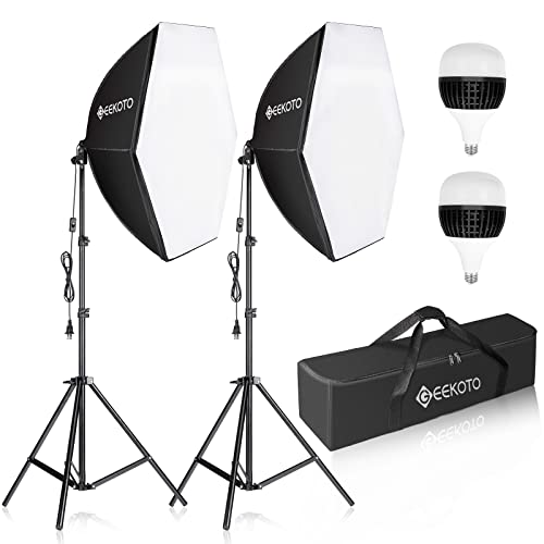 GEEKOTO Softbox Photography Lighting Kit: Professional Studio Continuous Lighting Equipment with 60W 5400K E27 Socket & 2 Reflectors 50 x 70 cm & 2 Bulbs for Filming Studio Lighting
