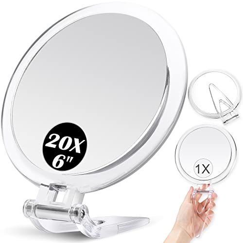 MIYADIVA Handheld Mirror 20x Magnifying Mirror with Folding Handle, Portable Hand Mirror with Magnification for Makeup/Travel, Double Sided, Round, 6″