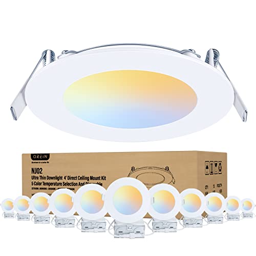 OREiN 12 pack LED Recessed Lighting 4 Inch, Dimmable Canless Downlight with Junction Box, 10W=75W Eqv, CRI>90, Retrofit Light Fixture with Baffle Trim Wet Rated 2700K/3000K/3500K/4000K/5000K Color-Tem
