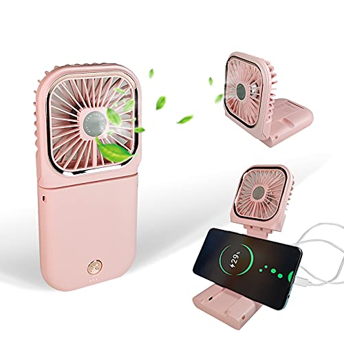 SHENSINGLE Handheld Fan Foldable Hanging Neck Fan 3 in 1 Small Fan with Phone Stand Power Bank Function 3 Speeds USB Charging Cooling Fan 3000mAh Battery Capacity for Home Office Travel (pink)