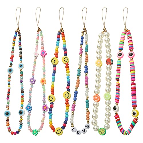 Taouzi 6PCS Beaded Phone Lanyard Wrist Strap Face Beaded Phone Charm Fruit Star Pearl Rainbow Color Beaded Phone Chain Strap for Women Girls